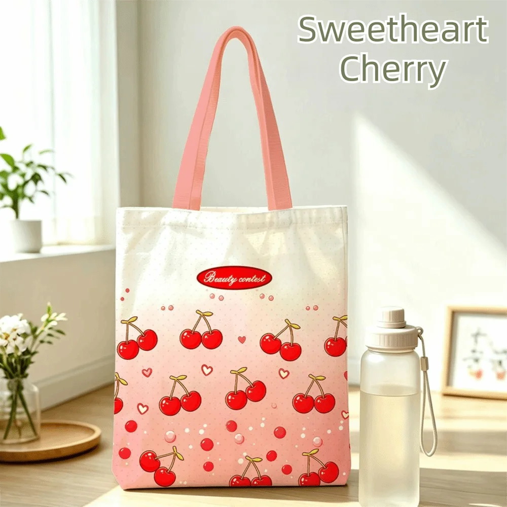 Gifts Cherry Print Canvas Bag Reusable Large Capacity Tote Bag Versatile Lightweight Shoulder Bag Students
