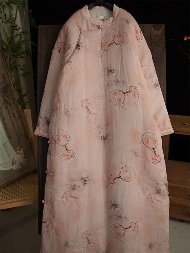 Retro Floral Print Cotton Linen  Sle Long Dr Women's Warm Underlay Cotton Dr Elely Patterned Winter Dr