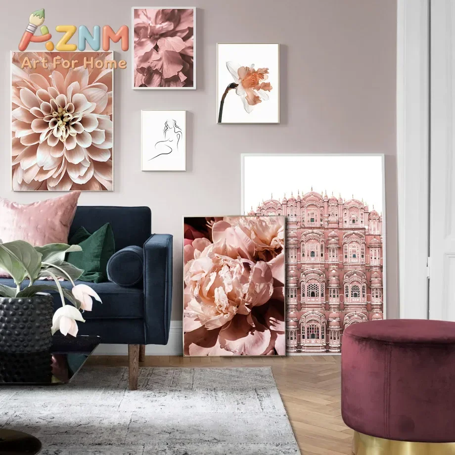 Blush Pink Flower Wall Art Mural Large Peony Dahlia Daffodil Prints Neutral Botanical Canvas Posters Home Decor for Living Room