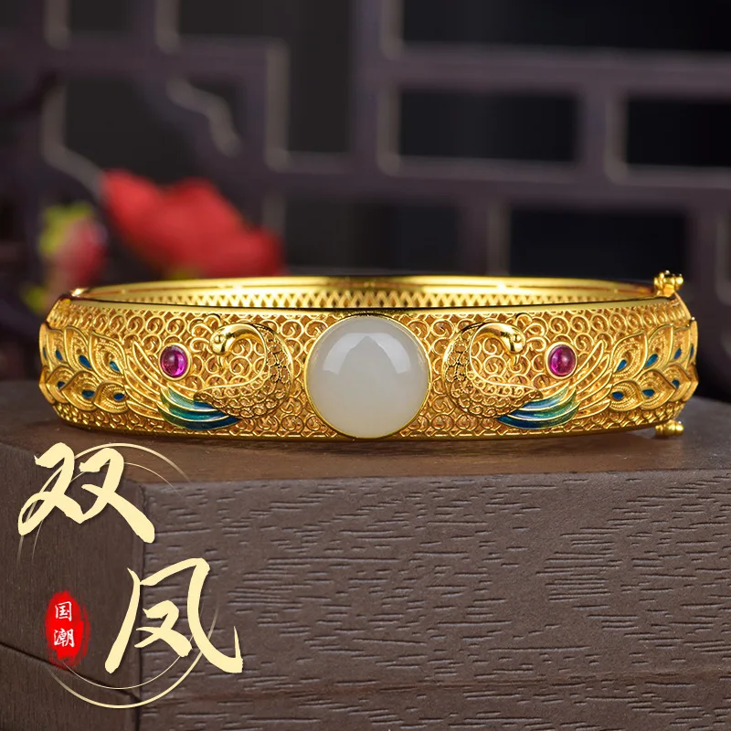 S925 Silver Inlaid Natural Hetian Jade Filigree Enamel Bracelet