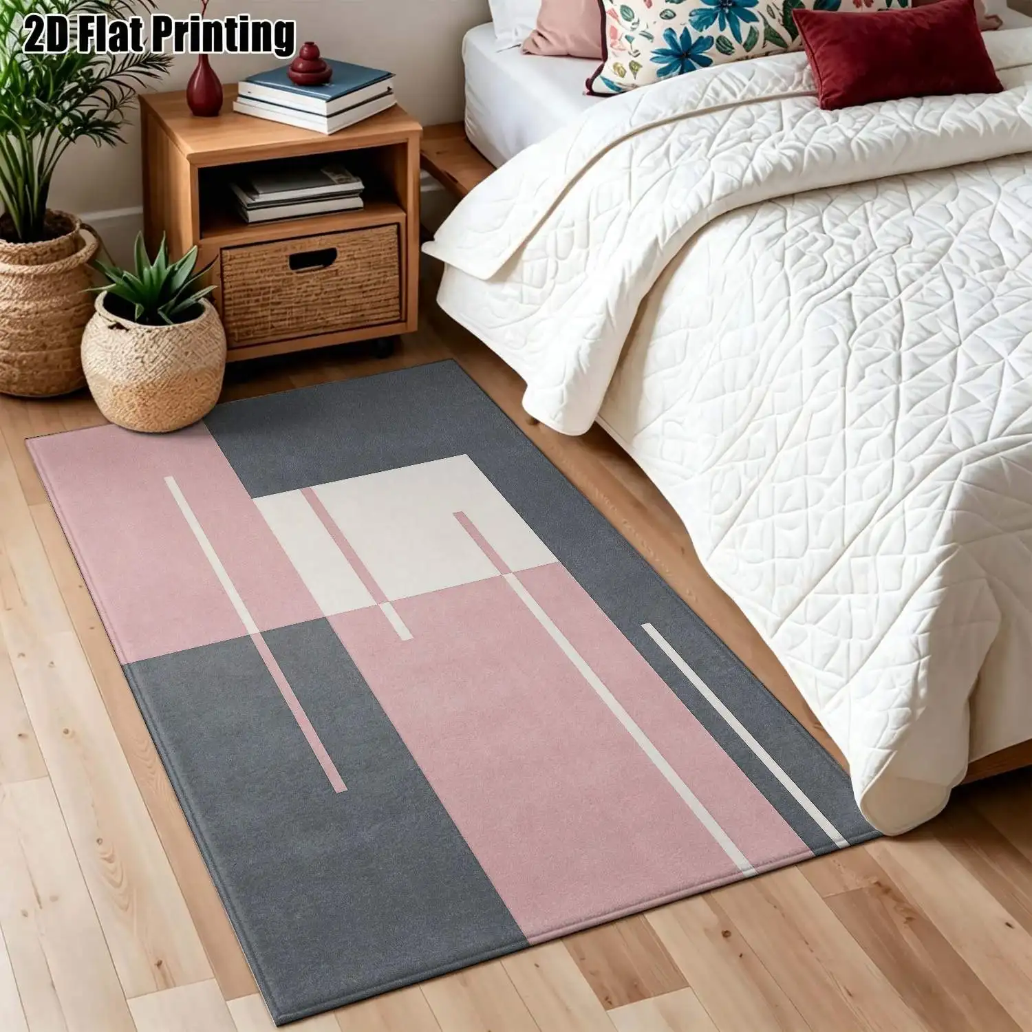 1Pc 2D Printed Pink-Grey Geometric Line Nordic/Instagram Style Carpet, Machine Washable, Multi-Size, Suitable for Home Decor Such as Entryway, Dining Room, Bedroom, Living Room
