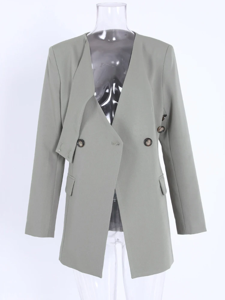 [EAM] Women Gray Button Cross Hollow Out Elegant Blazer New V-neck Long Sleeve Jacket Fashion Tide Spring Autumn 2024 CPDB002