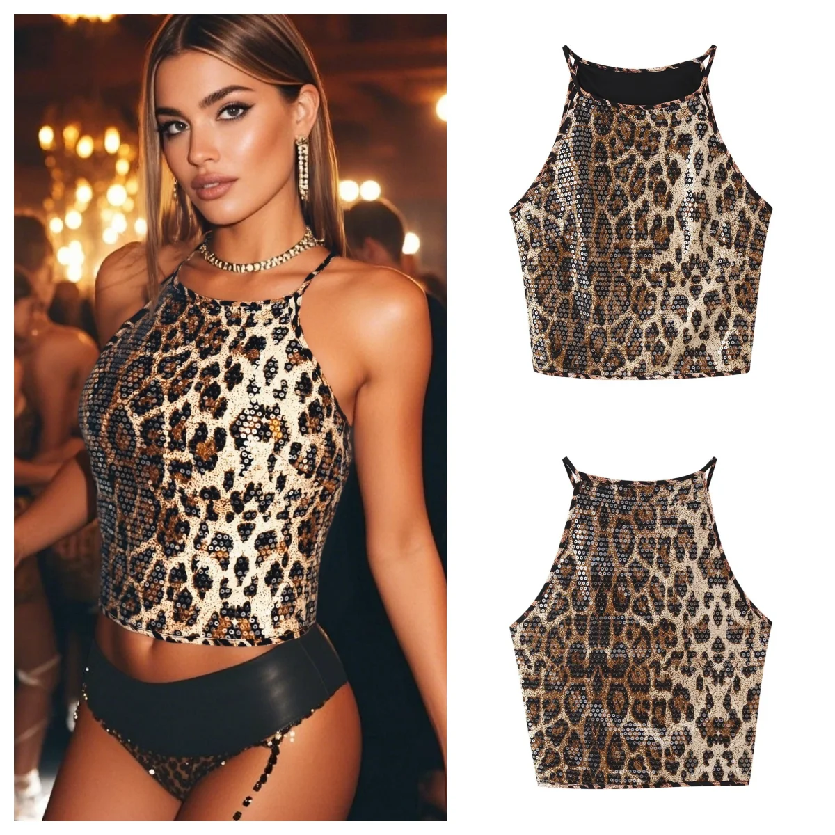 

PB&ZA Womens Halter Neck Sleeveless Crop Top with Leopard Print Sequins Unique Design for Party and Fashionable Look