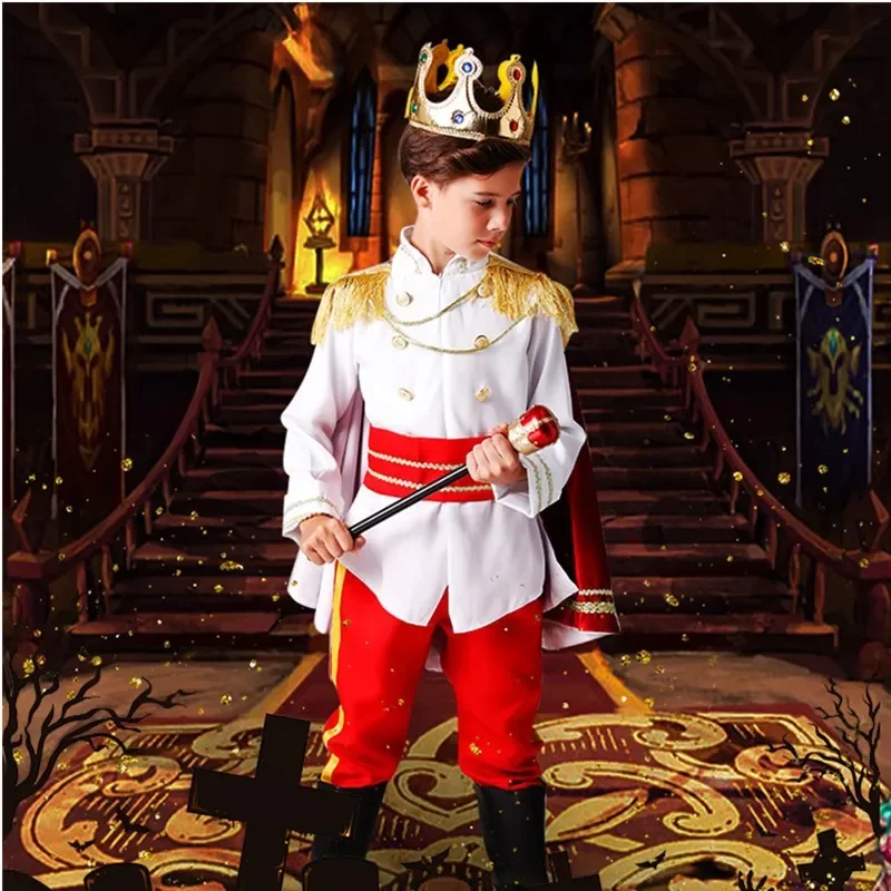 Gioco di ruolo per bambini King Suit Anime Prince Costume Cosplay per ragazzi Halloween Carnival Party mantello scettro Crown Jacket Suit