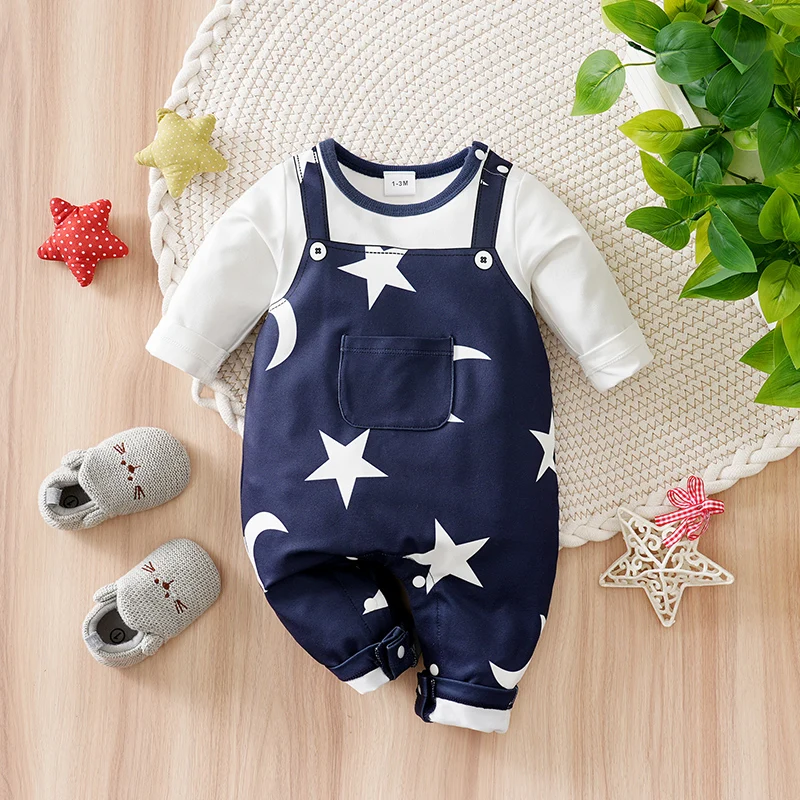 Newborn Baby Romper Long Sleeve Navy White Star Moon Print Fake Two-Piece Suspender Style Jumpsuit Infant Boys Casual Onesie