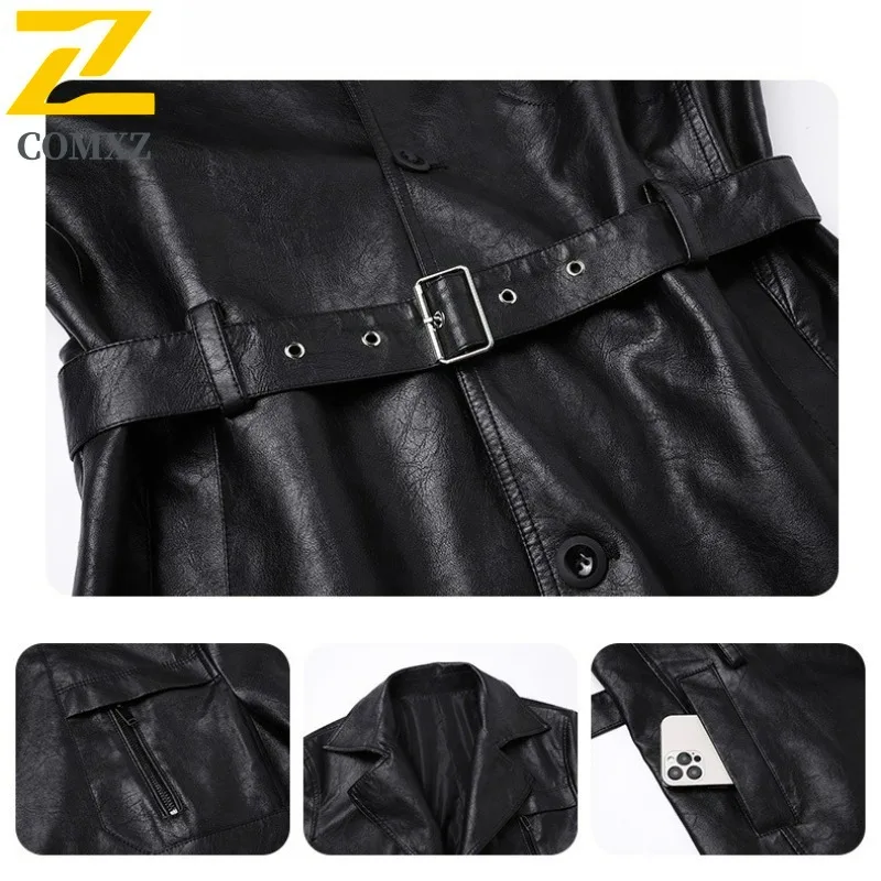 COMXZ Male Leather Jacket Luxury Elegant Slim Working Leather Trench Coat Fashion Single Breasted New Windproof Long Outerwear​