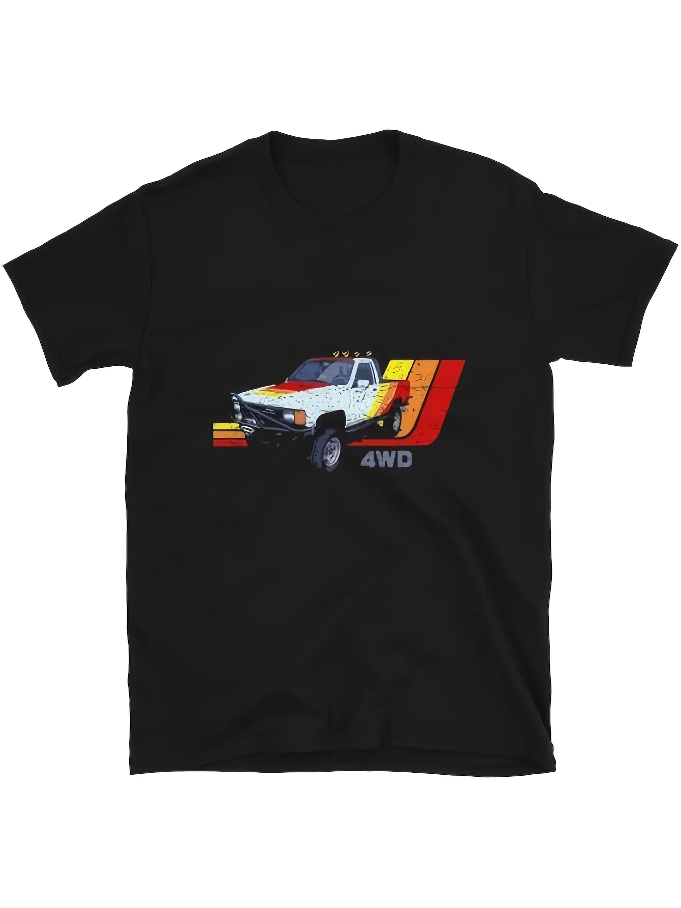 2026 Men's 1984 Hilux Pickup Truck 4WD Graphic T-Shirt - Black Casual Short-Sleeve Crew Neck, Featuring Vibrant Orange And Yello