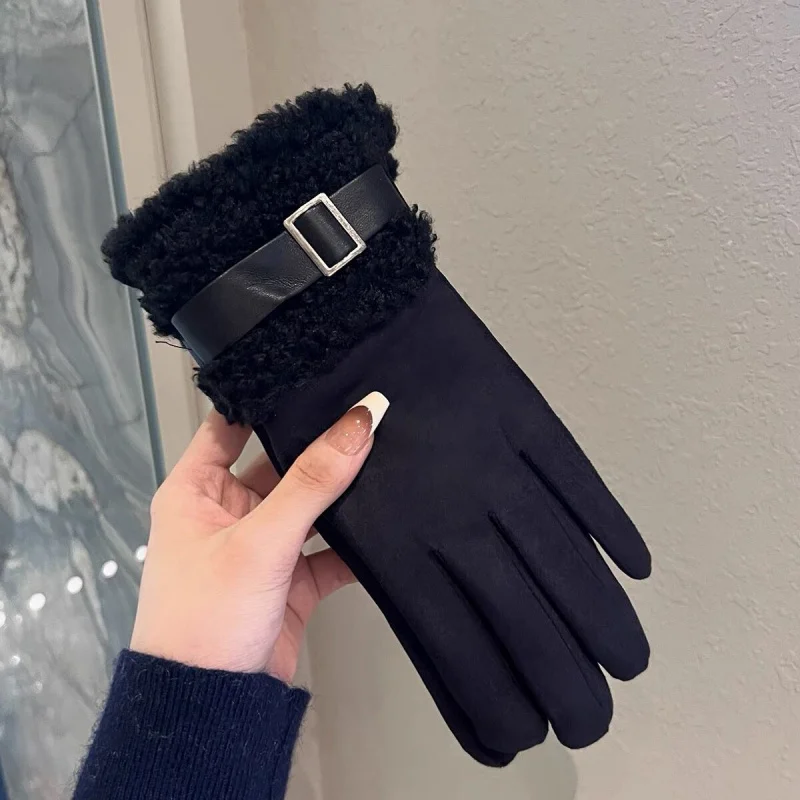 Damen-Winterhandschuhe, mit Fleece gefüttert, gepolstert, warm, zum Radfahren und Fahren im Freien, Skifahren, kältebeständig, Touchscreen, Lammwolle, Cros