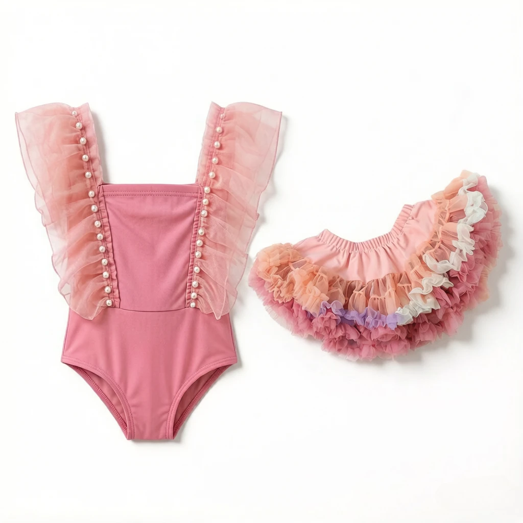 2Pcs Light Pink Pearl Tulle Kids Swimsuit, cartoon skirt style, soft quick-dry fabric, wearable alone or layered as nice gift