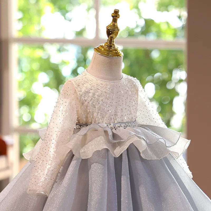 2025 New year gorgeous Children Baby Girl pearl Dresses Birthday Princess Prom Dress for Kids sequin Long sleeved Ball Gown