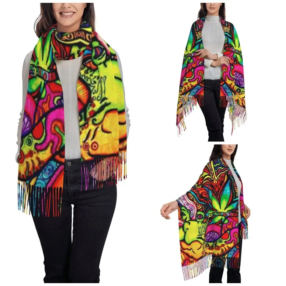 Trippy Blacklight Psychedelic Scarf for Women Fall Winter Cashmere Shawl Wrap Long Large Scarves with Tassel Ladies