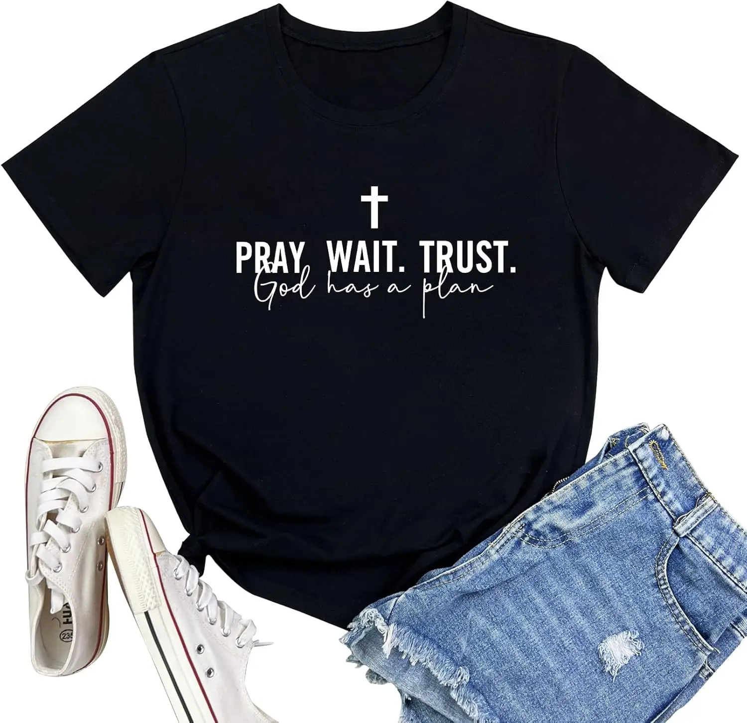 LOOKFACE Women PRAY WAIT TRUST Soft Tees Cute Graphic T Shirts Men Women Clothes Oversized Cotton Tees