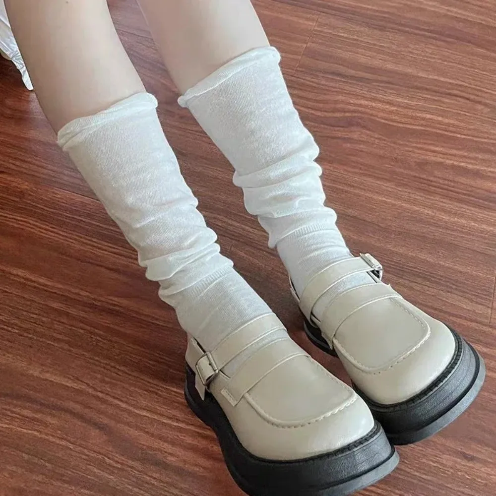 1 Pair Sweet Solid Color Thigh High Stockings Thin Breathable JK Socks Bubble Toe Design Loose Knee-High Socks for Women