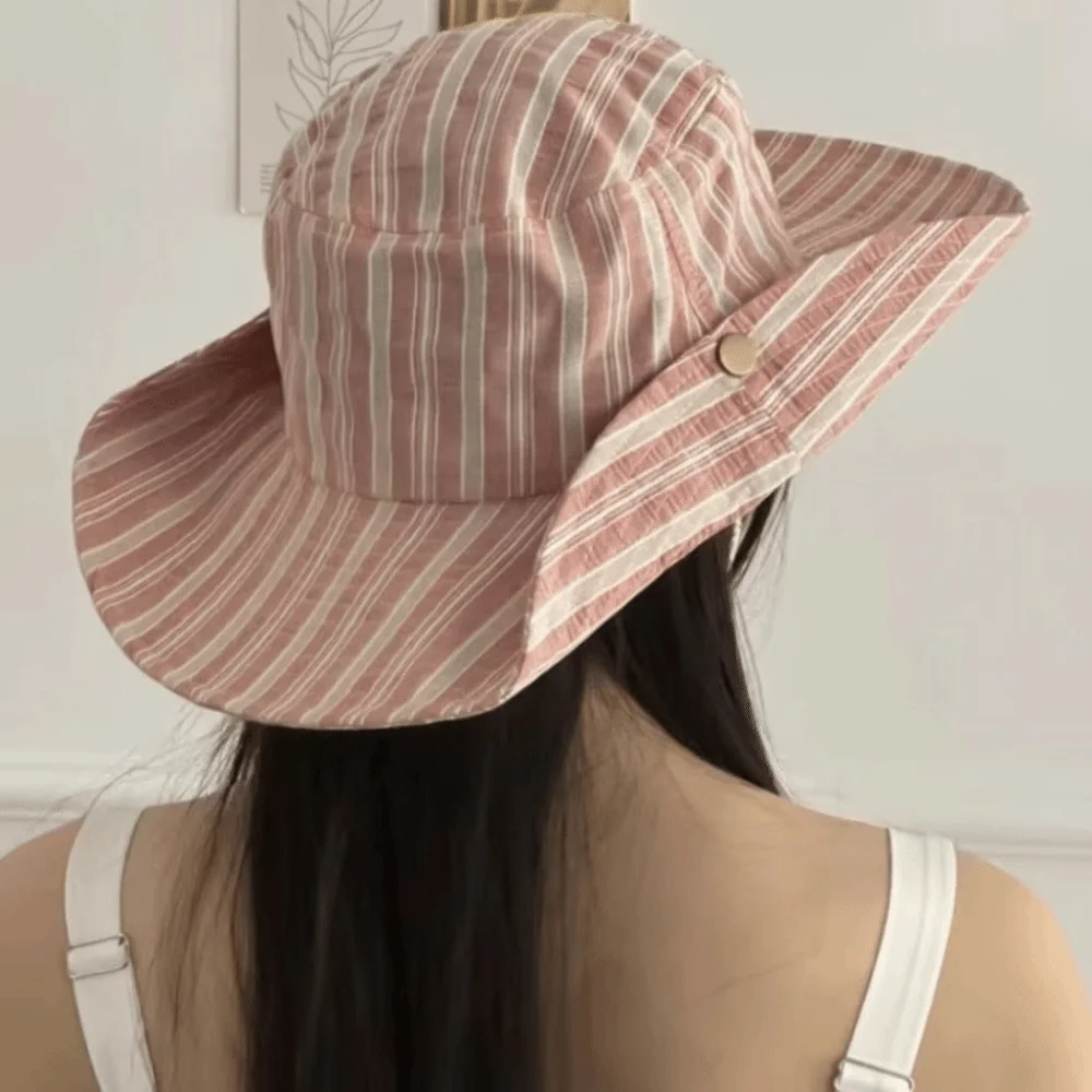 chapeu-bucket-listrado-estilo-coreano-com-aba-larga-e-design-simples-com-funcao-de-sombreamento-ideal-para-viagem