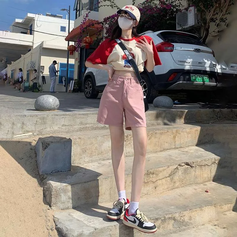 

Ретро-шорты из розового денима с высокой талией для женщин, весна-лето, Cleanfit, с эффектом потертости, из искусственной кожи, средней эластичности, без бренда