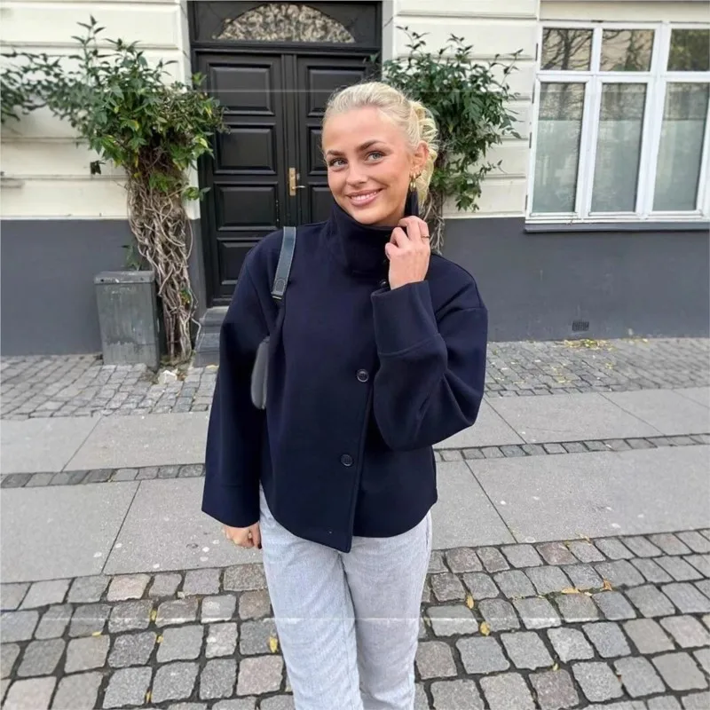 Cappotto di lana tinta unita a maniche lunghe monopetto con colletto rialzato alla moda per cappotto elegante e temperamento da donna autunno e inverno