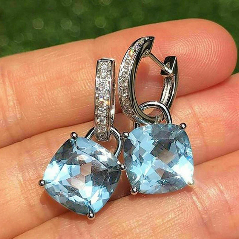 Luxury Female Light Blue Zircon Stone Earrings Cute Small Square Hoop Earrings For Women Silver Color Wedding Earrings