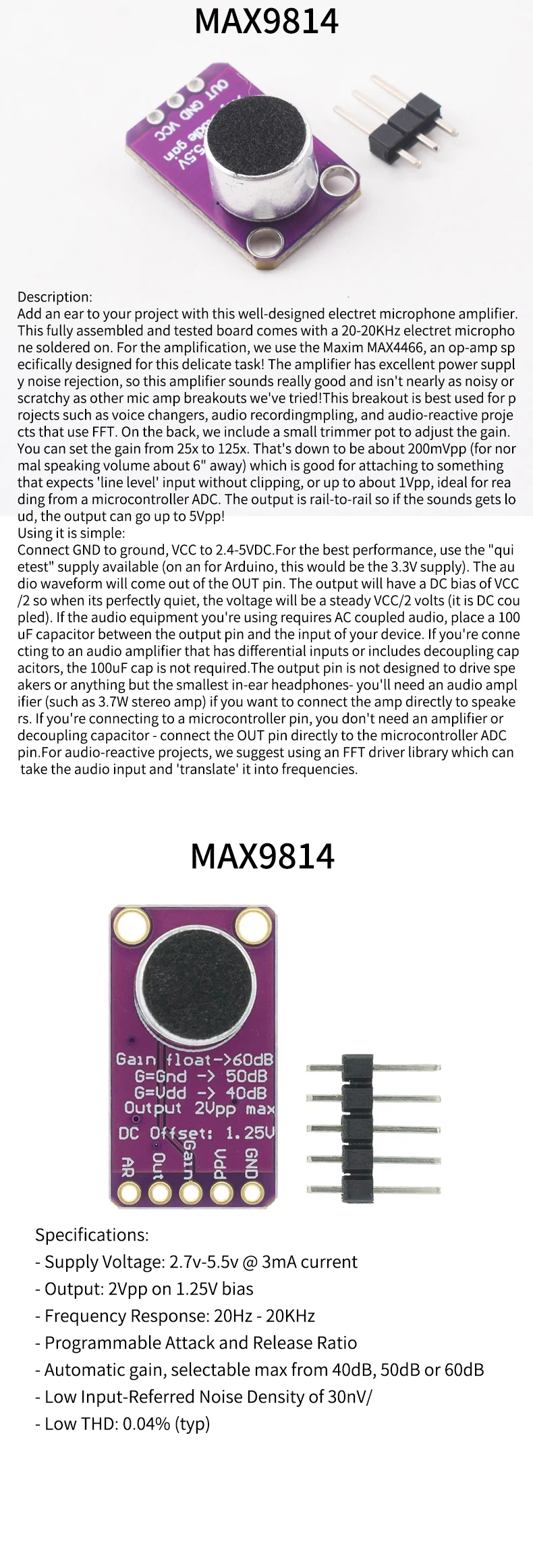 Snvi Schallsensor-Modul, Schallsteuerungssensor MAX4466 MAX9814, Schaltererkennung, Pfeifenschalter, Mikrofonverstärker für Arduino – Detail 2