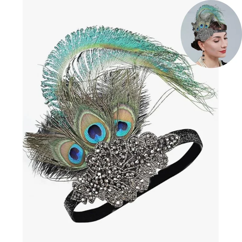 Opaska z klapką 1920 dla kobiet czarne pióro Gatsby nakrycie głowy na kostium elastyczne opaski z piór 20s dziewczyna
