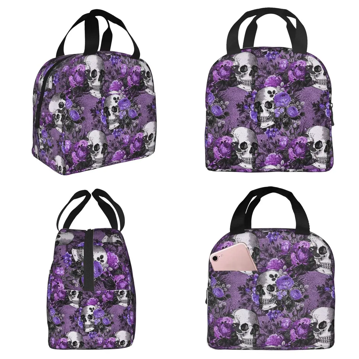 Gothic Violet Flower Skull Insulated Lunch Bag for Women Office Cooler Thermal Food Box Tote Portable Lunch Boxes Container