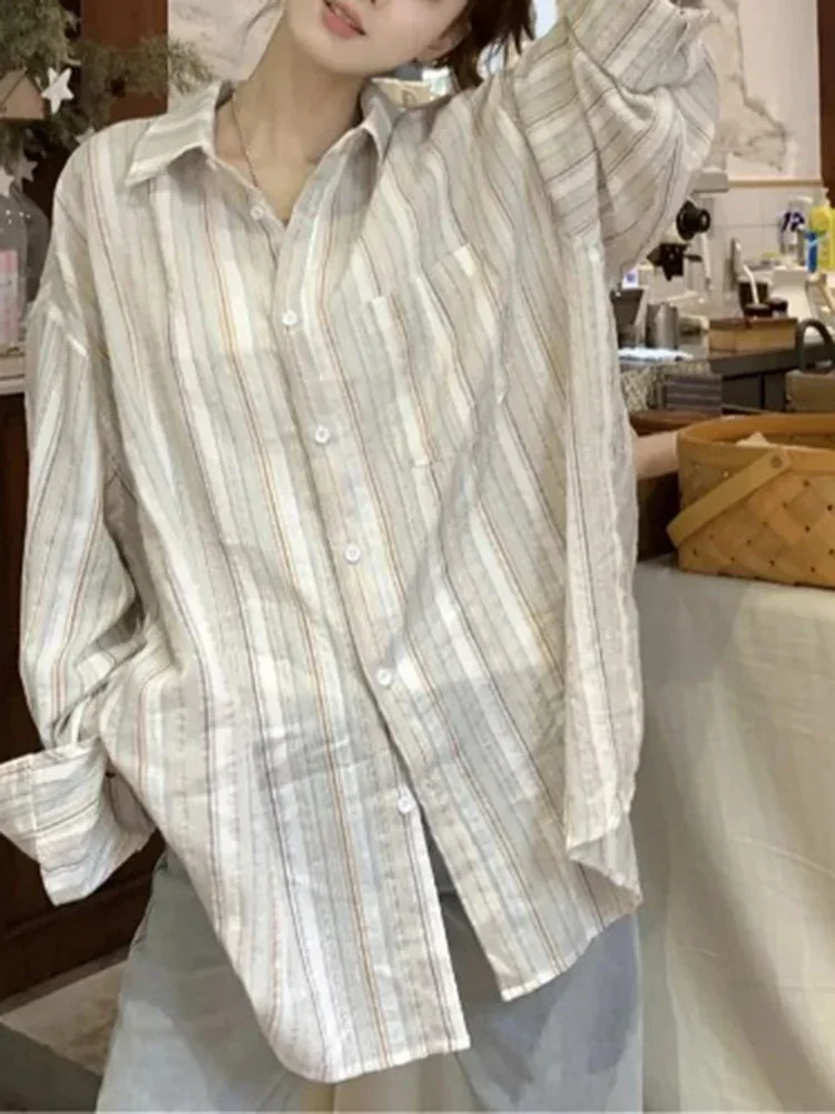 الكورية أزياء القطن الكتان فضفاضة المناسب المرأة طويلة الأكمام قميص الحماية من الشمس الربيع كسول نمط الرجعية المرأة قميص مخطط