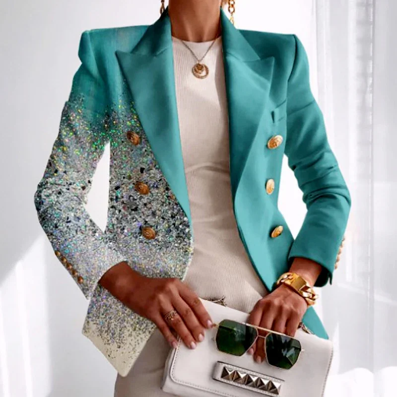 

Лоскутный двубортный пиджак, костюмы для женщин, весна-осень, с длинным рукавом, с отложным воротником, шикарные пальто, новая модная верхняя одежда с принтом
