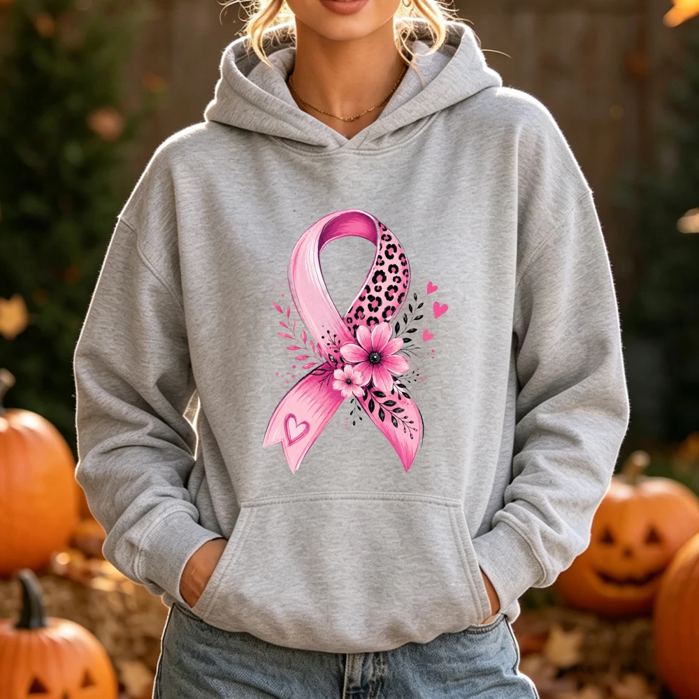Pink Ribbon Hoodie Women's Warm Long Sleeve Leopard Floral Breast Cancer Awareness Support Cozy Autumn Sweatshirt