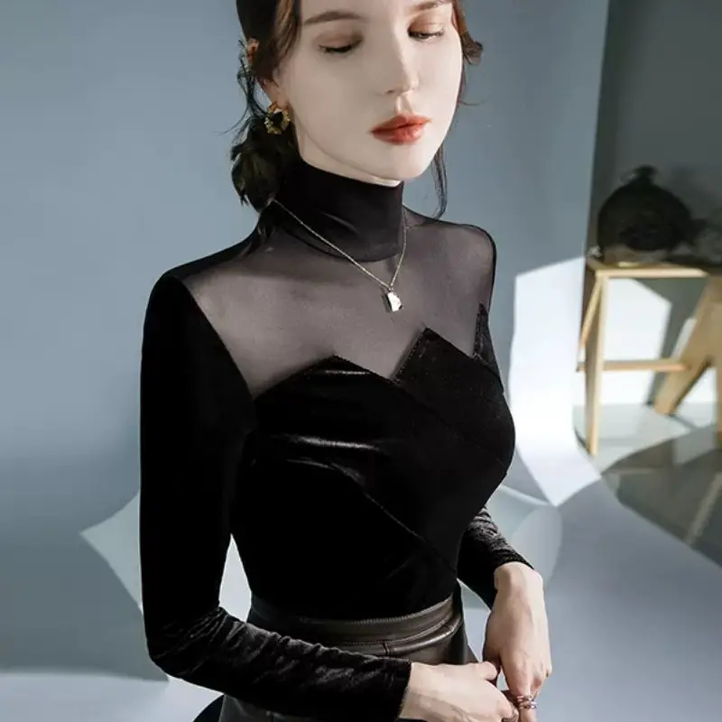 

2025 Spring Fall Women Turtleneck Black Mesh Patchwork Velvet Top Shirt , Slim Elegant Velour Tops Shirts for Woman Clothes