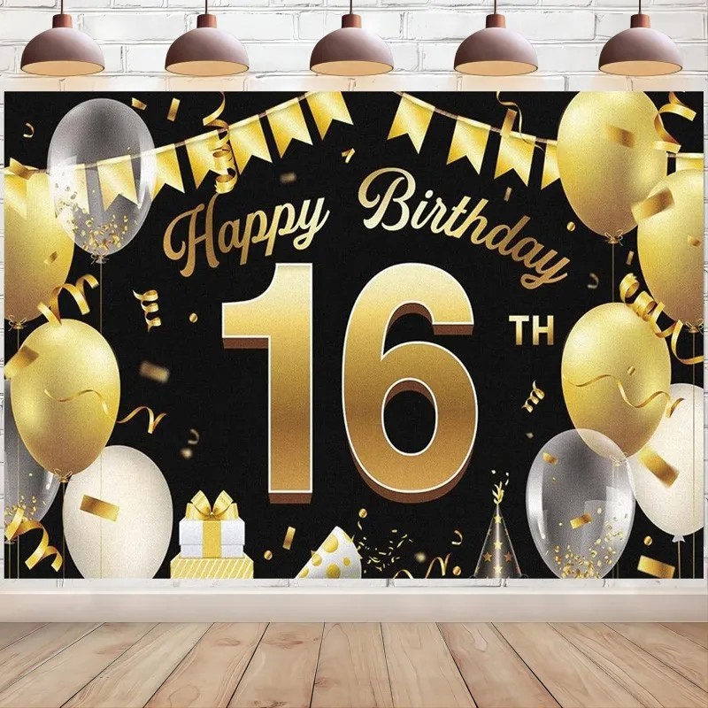 Happy 16th Birthday Banner Backdrop Sign Gold Black Party Supplies Decoration for Indoor Outdoor Background Photo Booth Props