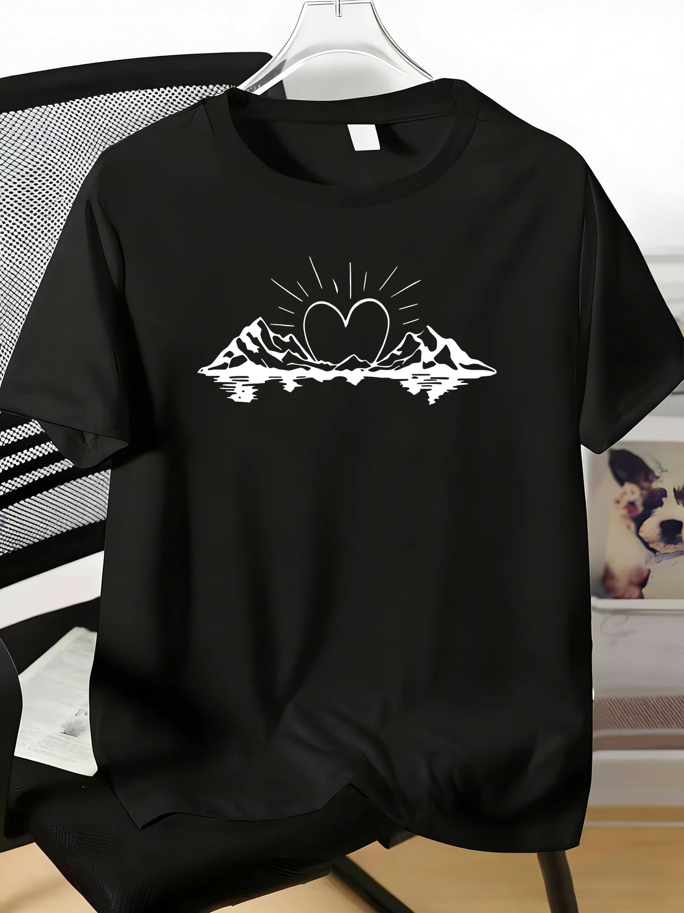 Mens Crew Neck Tee Mountain Heart Sunrise Water Reflection Print Light Short Sleeve Outdoor Summer Daily Casual Street Basic Top