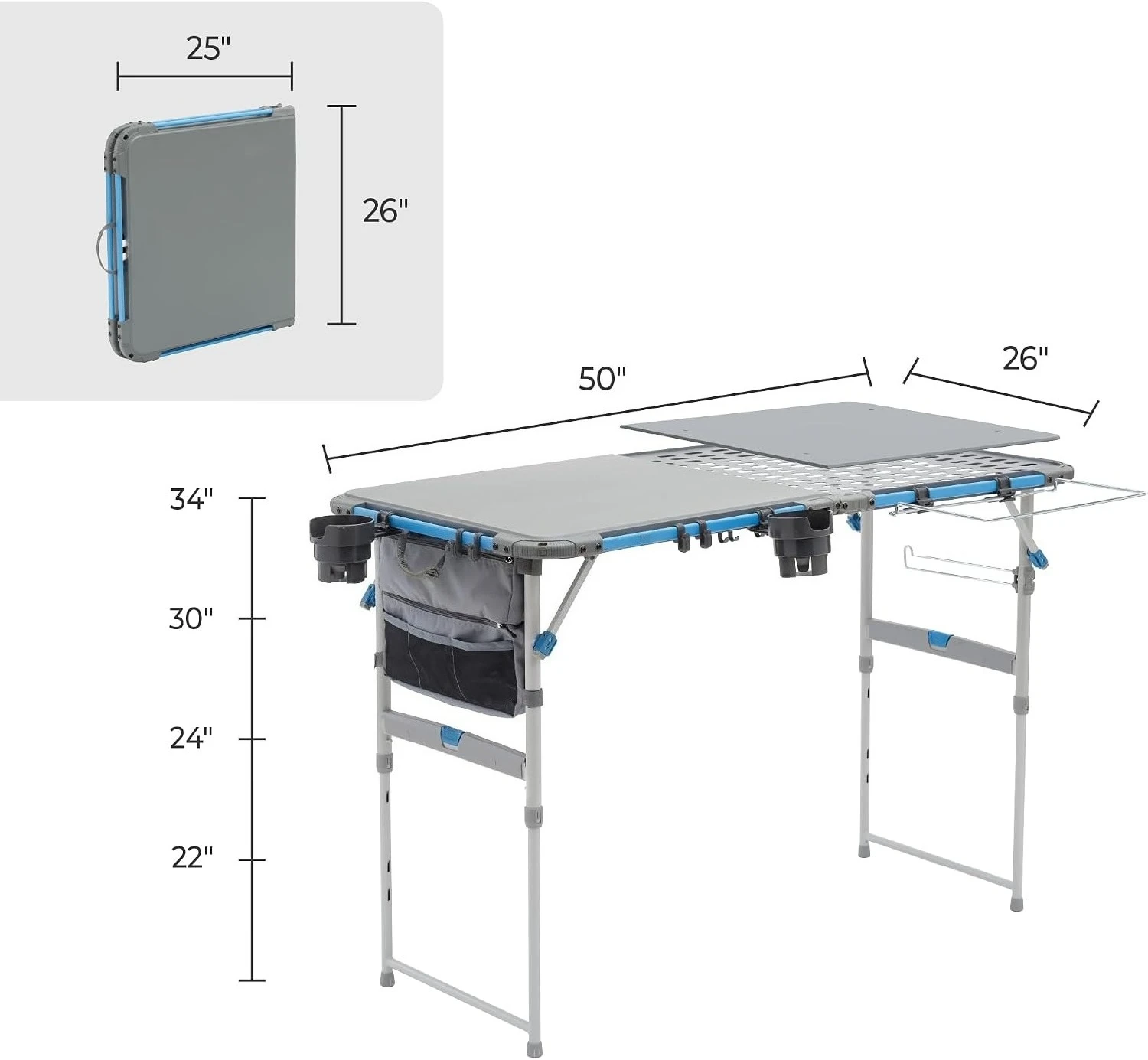 4 FT Outdoor Cook Table 8 Height Adjustment FlexRail Hooks Cup Holder Trash Bag Frame Paper Towel Holder Bottle Opener Camp Tailgate BBQ Picnic Party