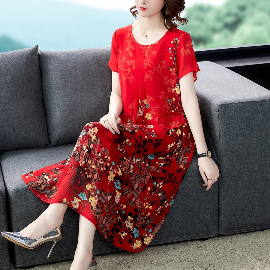 

2022 Blue Floral Chiffon Vintage Midi Dresses Elegant Female office lady Print Sundress Summer Party Bodycon Runway Vestidos
