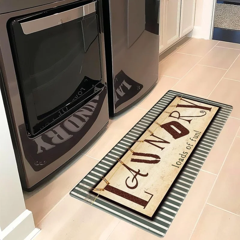 VIKAMA Retro Carved LAUNDRY Room Long Runner Rug Anti Slip Washable Laundry Area Mat Corridor Hallway Floor Carpet Decor