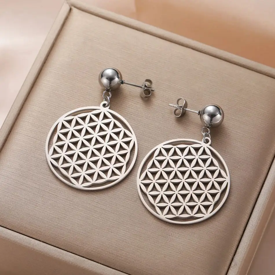 

Dawapara Sacred Geometry Mandala Flower of Life Earrings for Women Protection Spiritual Symbol Stainless Steel Jewelry