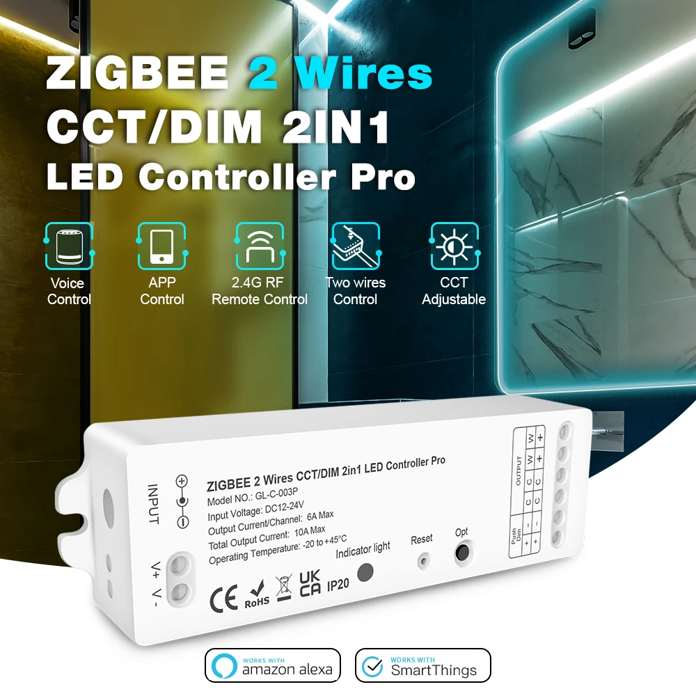 Dim to warm ZigBee 3.0 2 Wires CCT/DIM LED Strip Controller Work with SmartThings Alexa Smartlife App Voice RF Remote Control