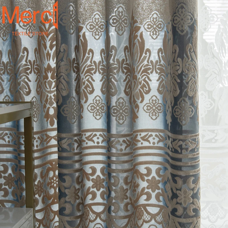 

Chinese Style Curtain Hollow European Style Jacquard Semi Shading Printing Curtains for Living Dining Room Bedroom Custom