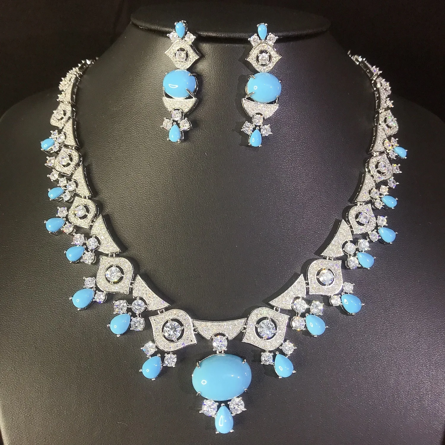 Luxury Turquoise & Zircon Necklace and Earring Set, Geometric Full Paved Crystal Jewelry Set for Women, Wedding Banquet Jewelry