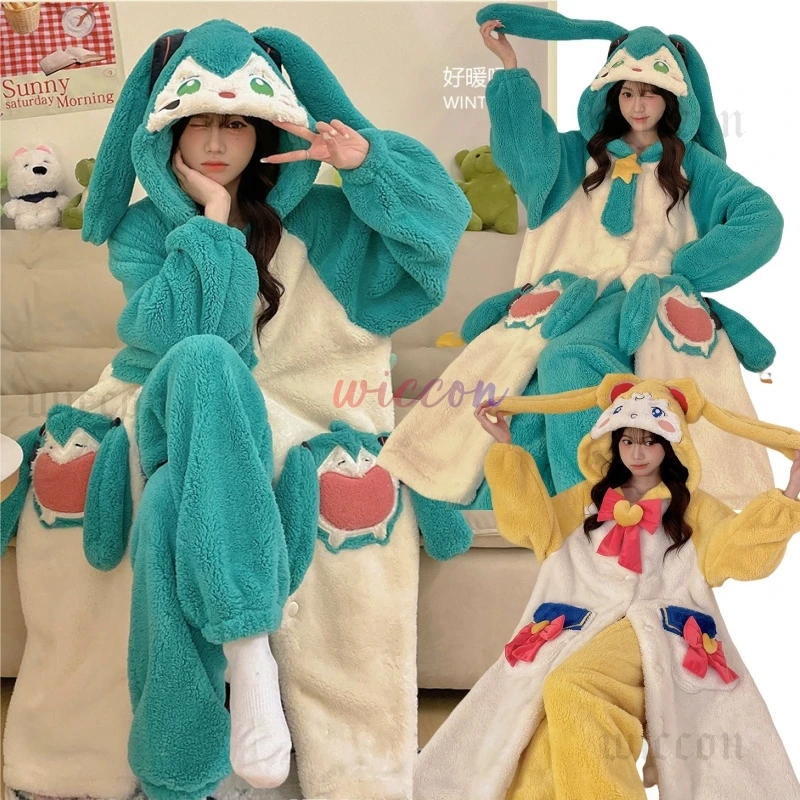 Anime Guardian Sailor Tsukino Usagi Cosplay Nightgown Costume Miiku Pajamas Coral Fleece Cute Cartoon Warm Pajama Home Set