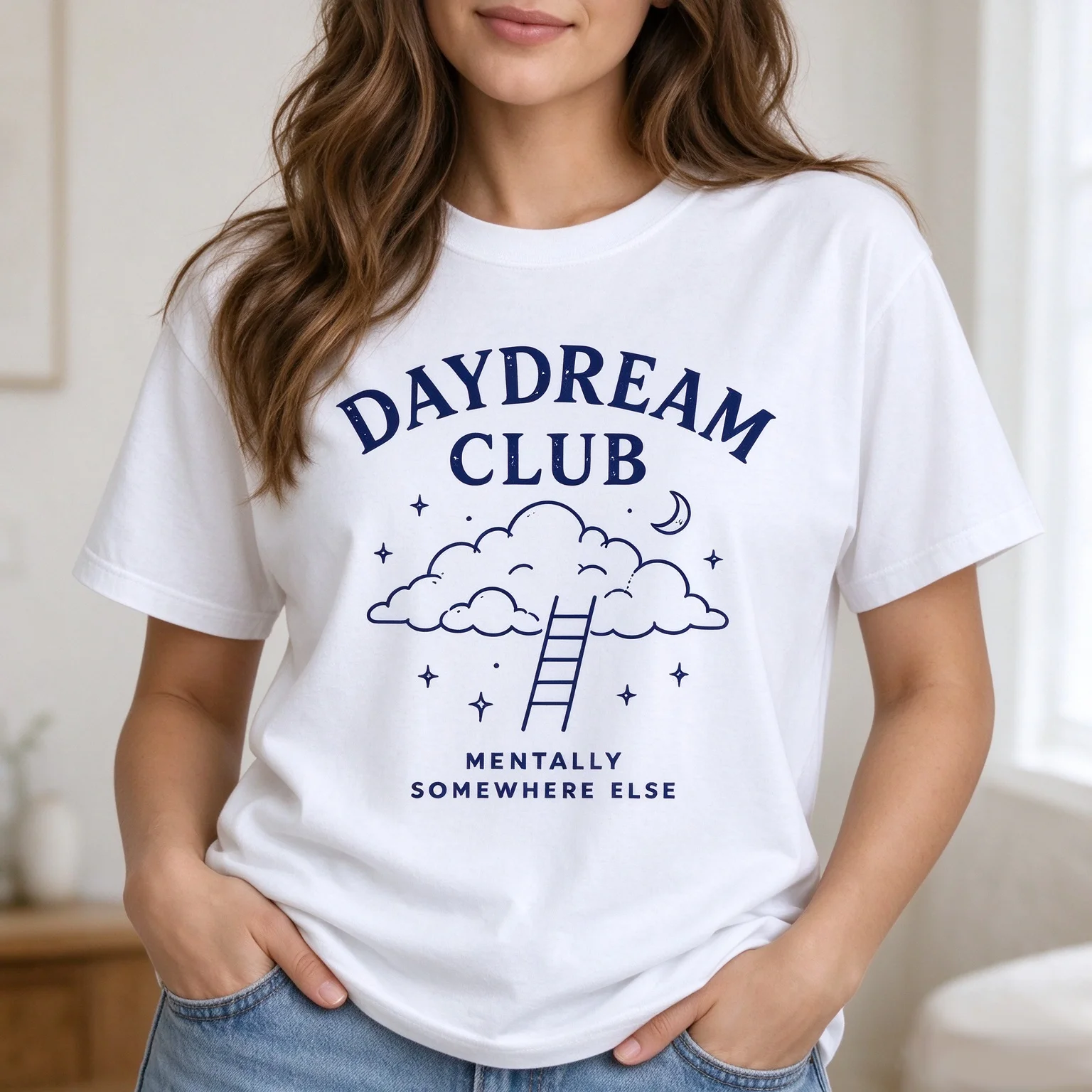 Daydream Club Mentally Somewhere Else Cloud Ladder Star Moon Graphic T Shirt Women Minimalist Retro Line Art Short Sleeve Tee