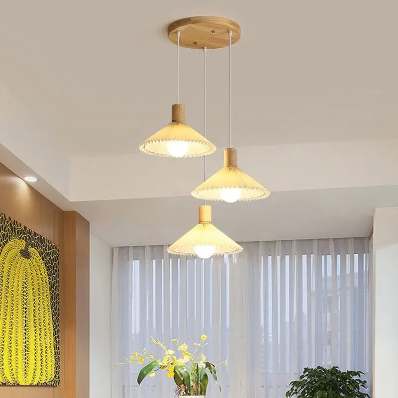 Nordic minimalist pendant light with pleated solid wood minimalist bedroom headboard creative wooden Japanese hanging line light