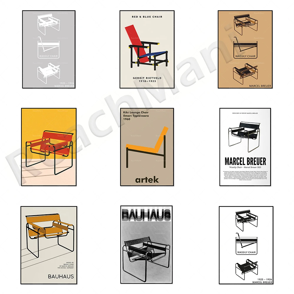 Bauhaus prints, Breuer Wassily chair exhibition poster, minimalist abstract Scandinavian office decoration, gift ideas