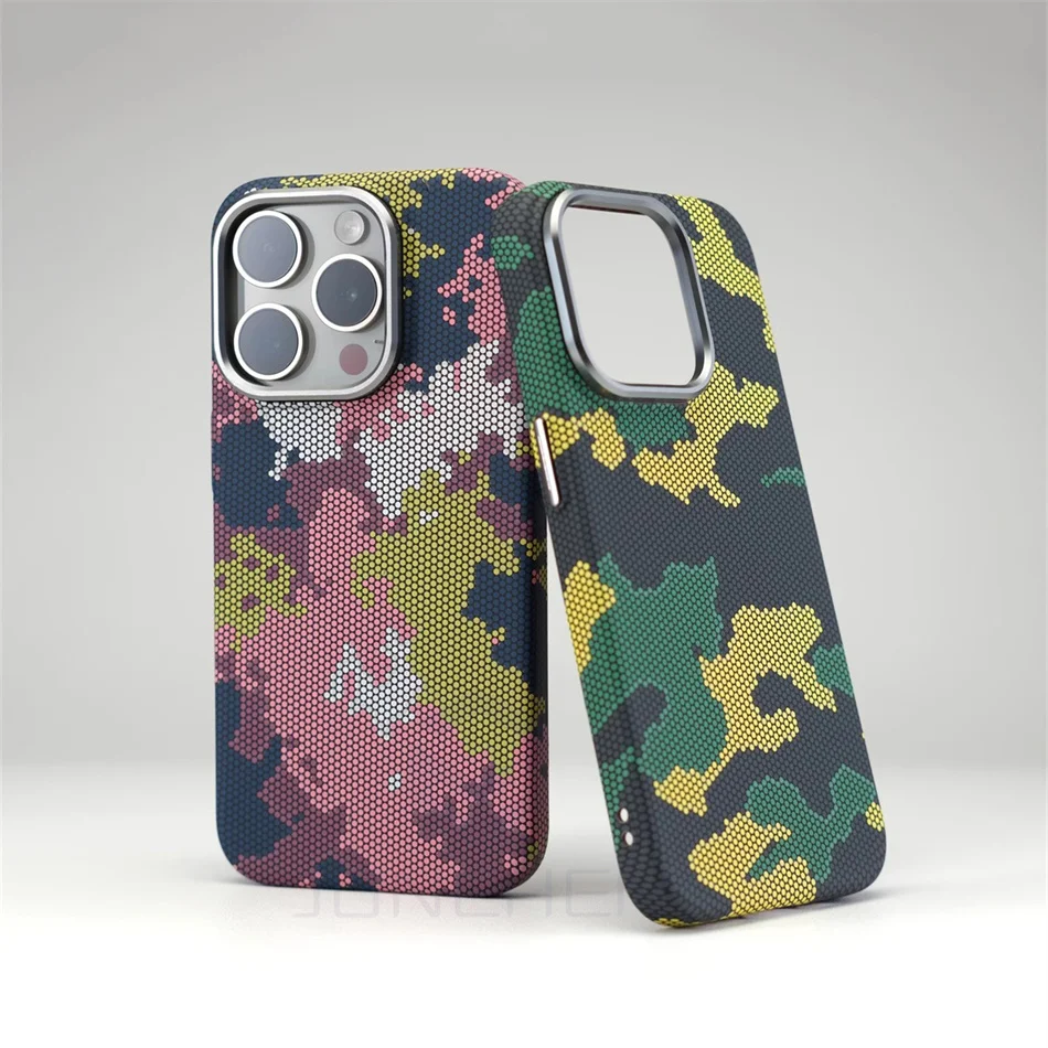 Mganetic Camouflage Carbon Fiber Pattern Case For iPhone 15 14 13 16 Pro Max Alloy Lens Hard Cover For Magsafe Wireless Charge