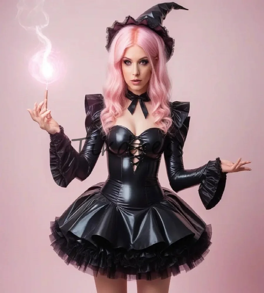 

Punk Gothic Black Short Prom Dress Leather Tiered Long Sleeve Cosplay Cocktail Dress Elegant Plaid Mini Evening DressCustomized
