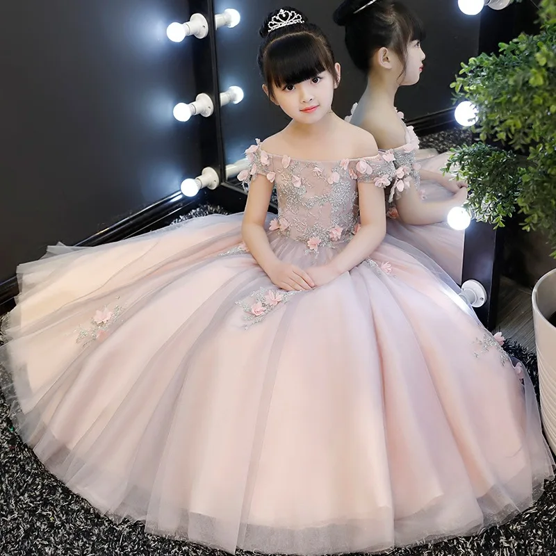 Glizt Appliques Lace Girl First Communion Dresses Floral Tulle Ball Gown Girls Pageant Gown Long Flower Girl Dress for Weddings