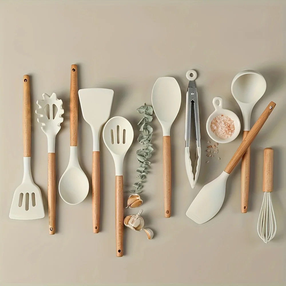 

10pcs/set Silicone Cooking Utensils Set for Kitchen, Heat Resistant Non-Stick Cooking Set with Wooden Handle Spatula Turner Spoo
