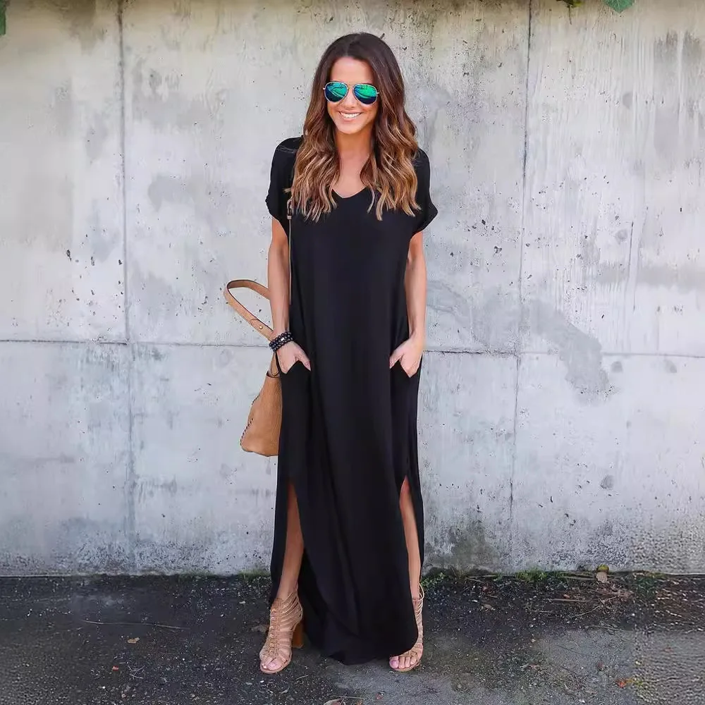 

5XL Solid Color Sexy Women Pocket Dress Summer Solid Casual Short Sleeve Maxi Dress for Women Long Dress Y2k Lady Dresses