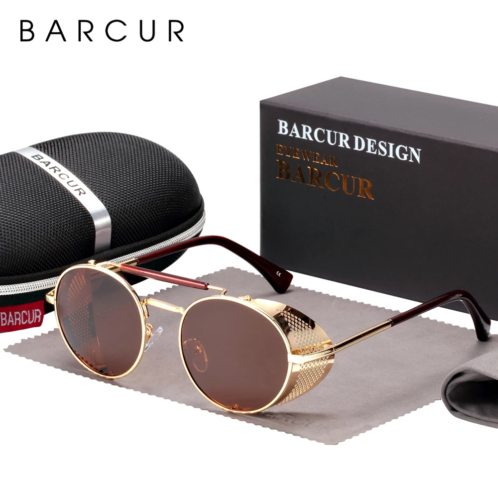 BARCUR Polarisierte Steampunk Runde Sonnenbrille Herren Retro Sonnenbrille für Damen Vintage-Stil