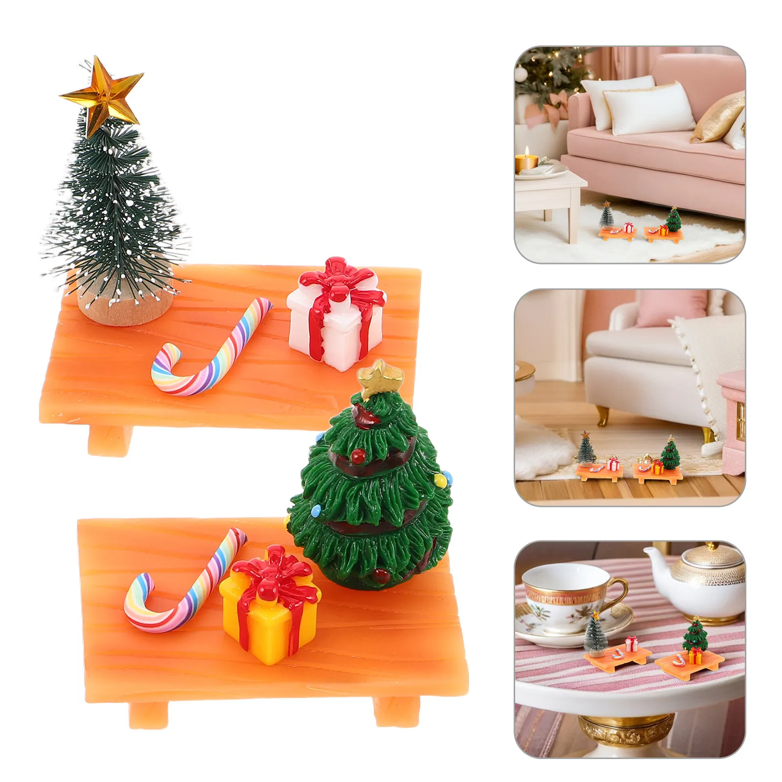 

2 набора миниатюрных украшений для кукольного домика: подарочная коробка, леденец, елка, скамейка, стул, аксессуары для праздничной сцены