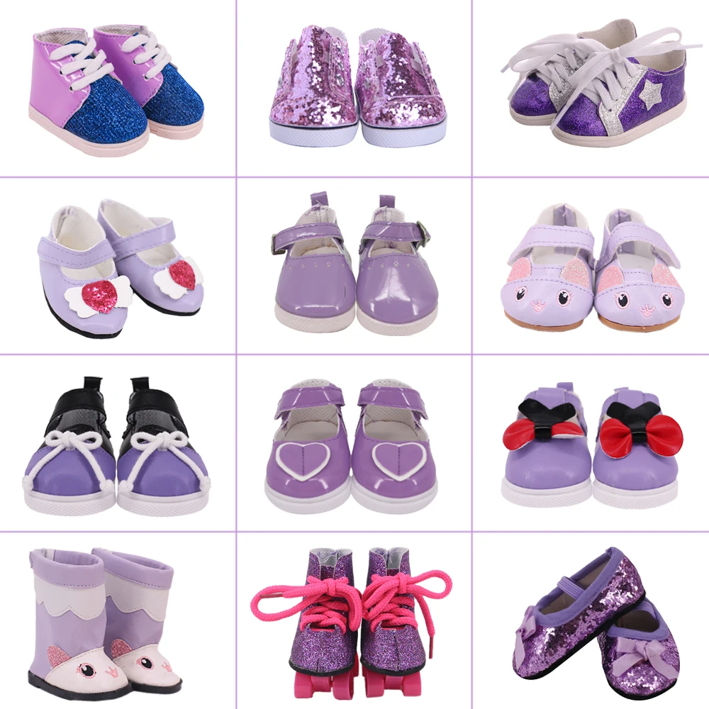 Cute Purple Series 7cm Doll Shoes Sneakers Canvas Bow PU Boots For 43Cm Rebirth Doll 18Inch Baby Doll DIY Toy Girl ChristmasGIFT