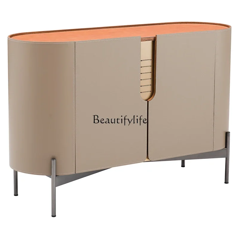 

Italian minimalist side cabinet double door saddle leather rounded corner storage cabinet modern light luxury